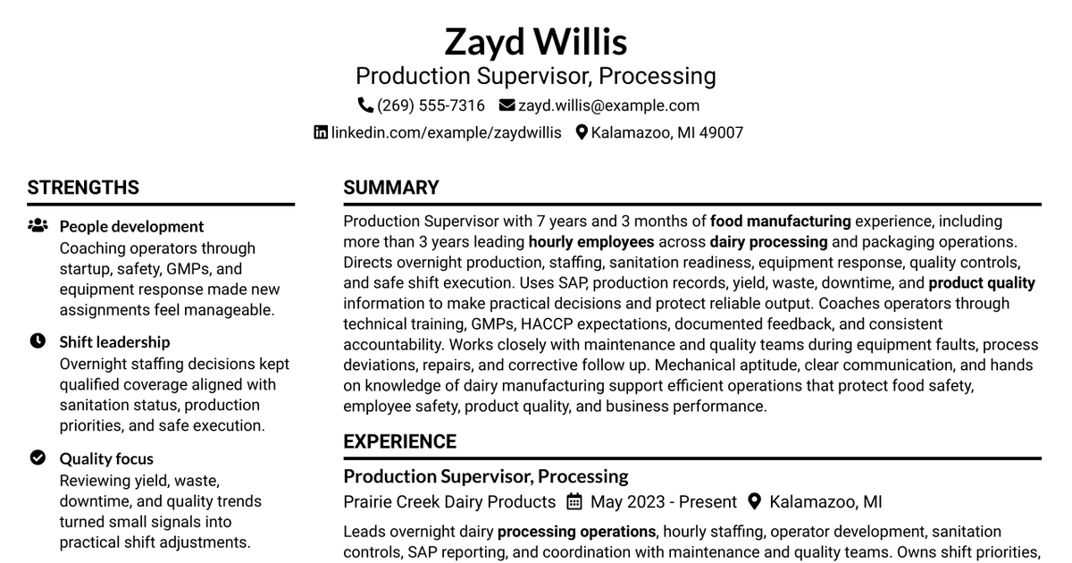 7 Production Supervisor - Processing Resume Templates with Example