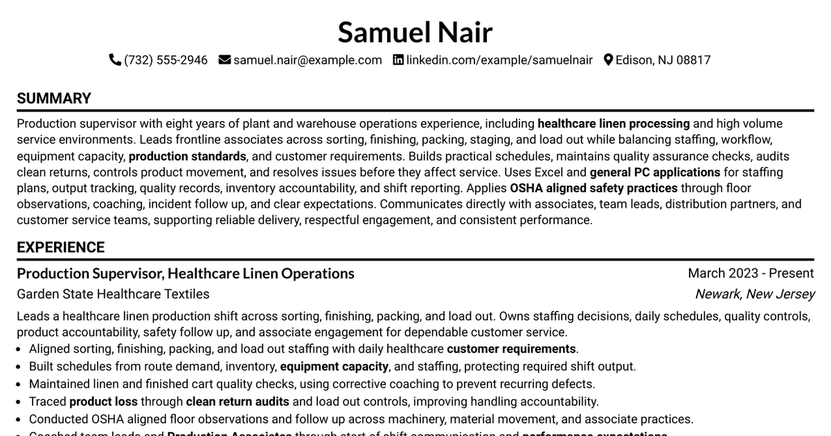 7 Production Supervisor Resume Templates with Example