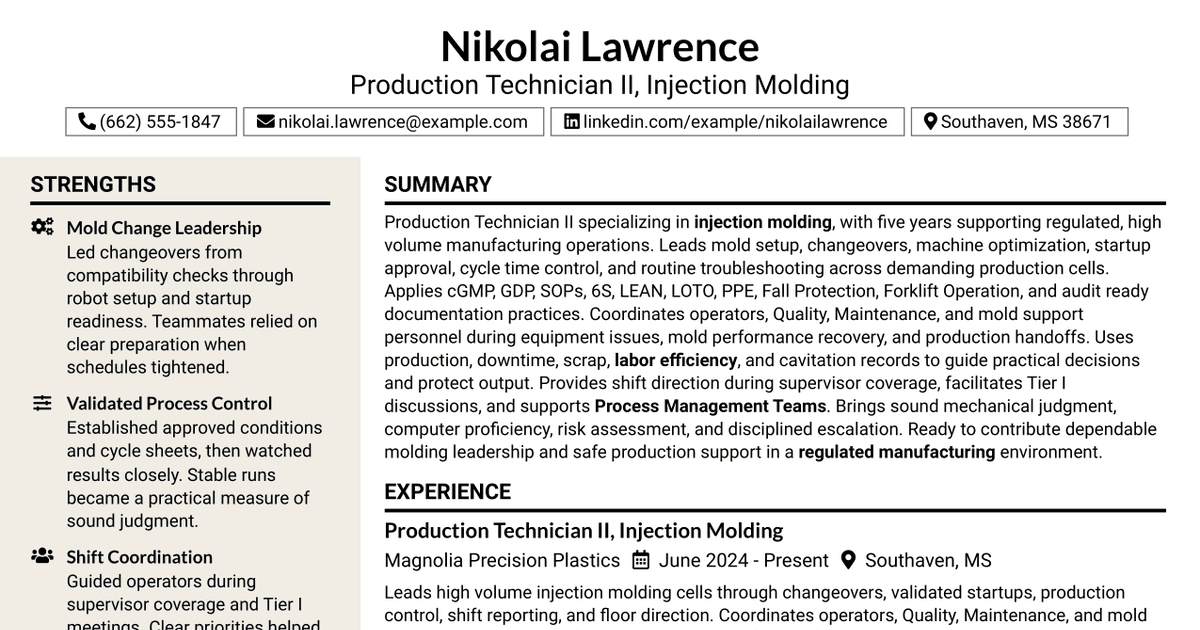 7 Production Technician II - Molding Resume Templates with Example