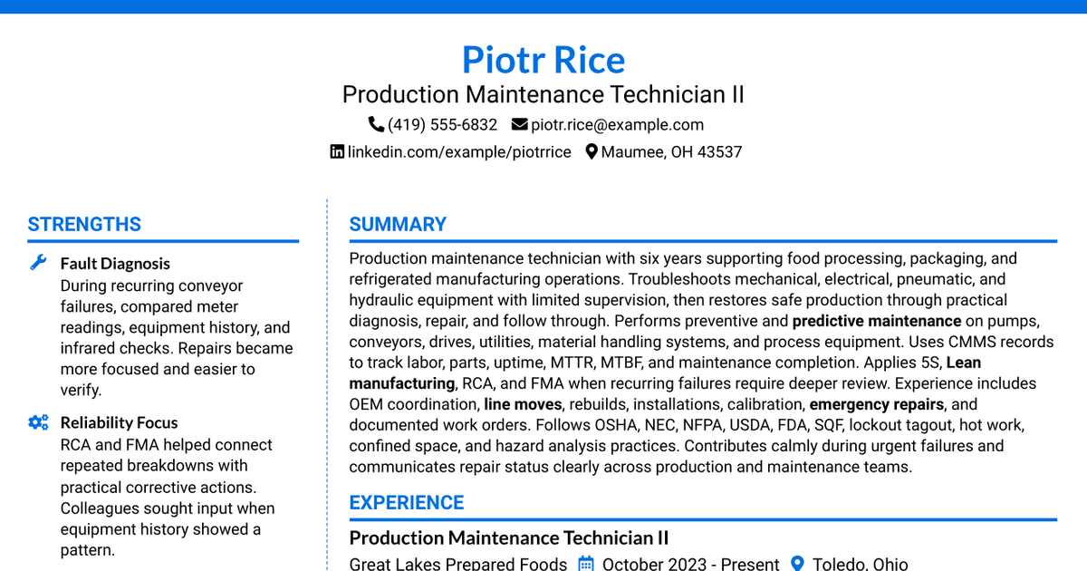 7 Production Technician II Resume Templates with Example