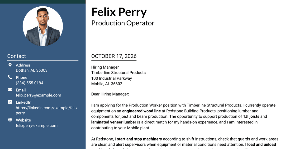 7 Production Worker - Engineered Wood Products Cover Letter Templates with Example