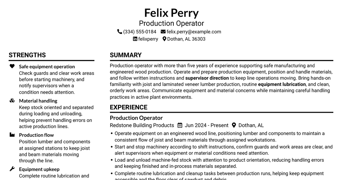 7 Production Worker - Engineered Wood Products Resume Templates with Example