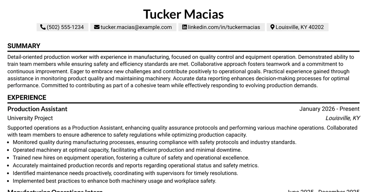 33 Production Worker Resume Templates with Example 2026 (ATS-Optimized)