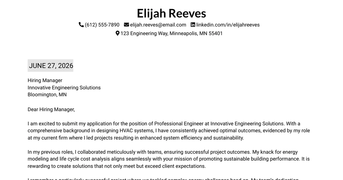 30+ Professional Engineer, Mechanical - Commercial & Industrial HVAC Cover Letter Templates with Example 2026