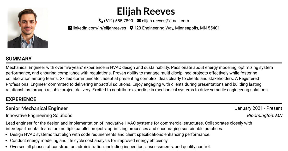 33 Professional Engineer, Mechanical - Commercial & Industrial HVAC Resume Templates with Example 2026