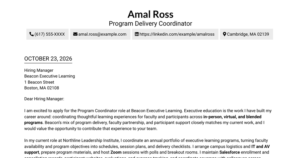 7 Program Coordinator - Executive Education Cover Letter Templates with Example