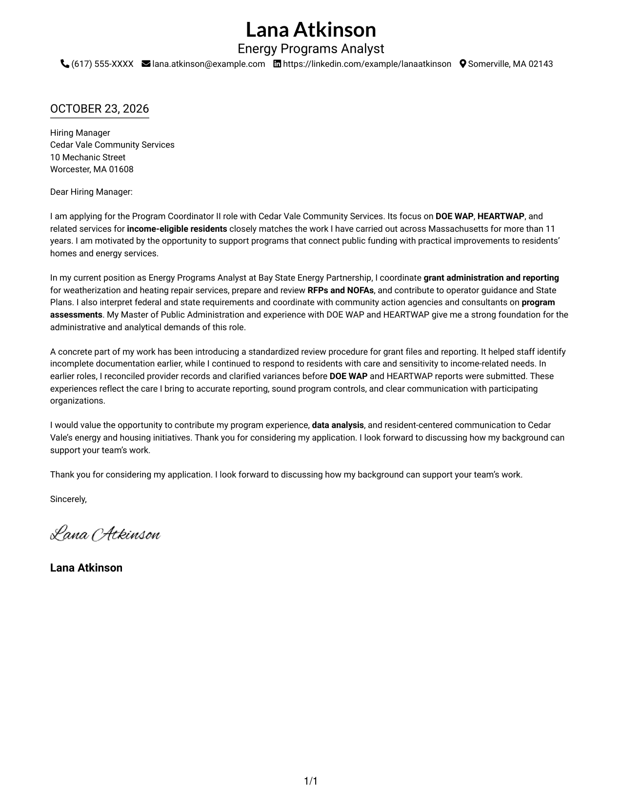 Cover letter example — page 1