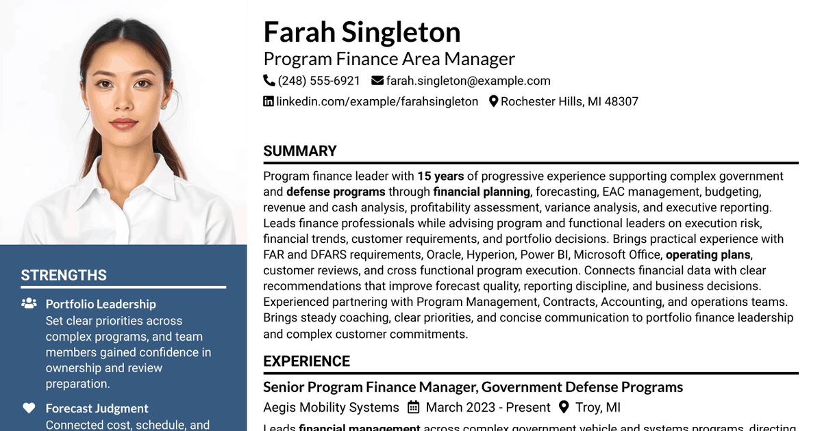 7 Program Finance Area Manager Resume Templates with Example
