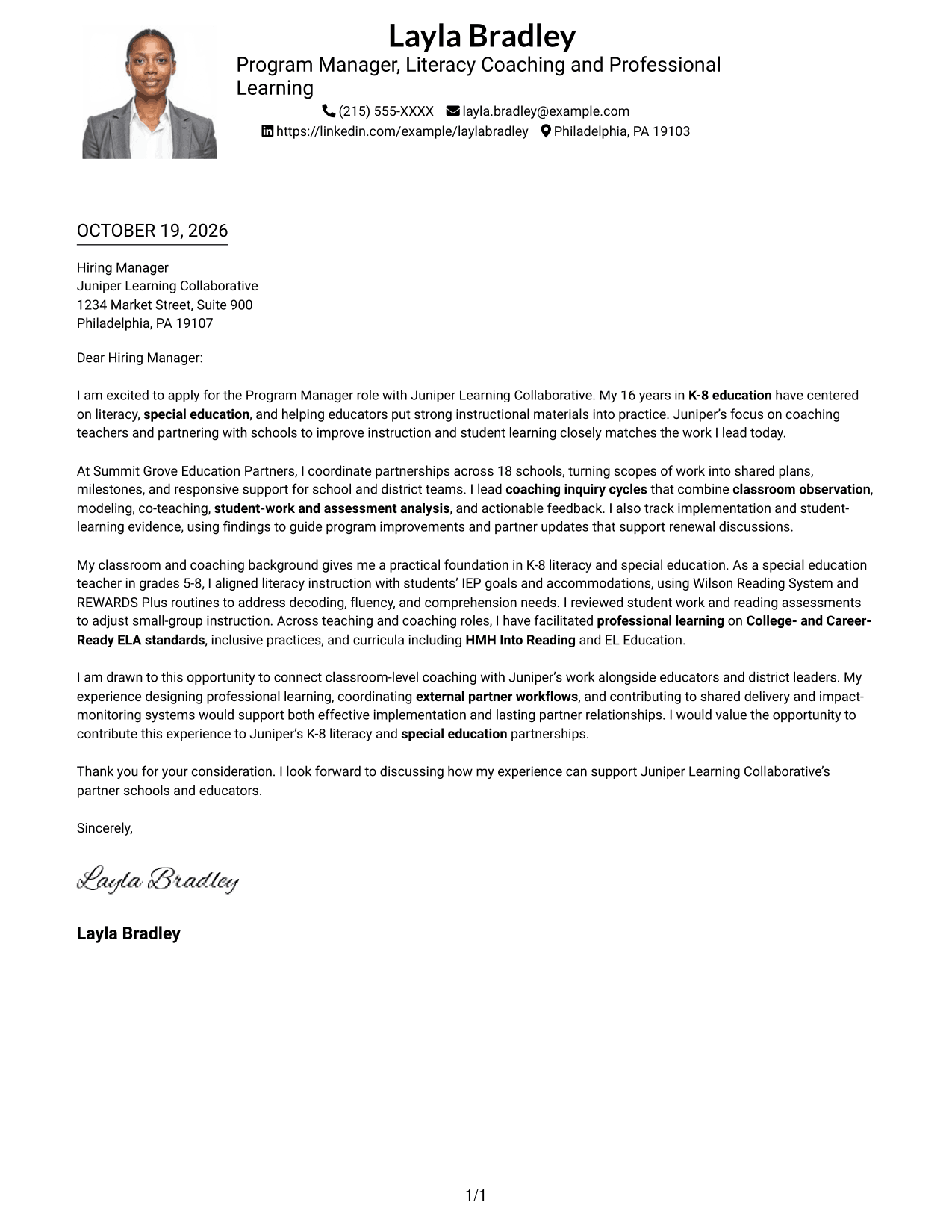 Cover letter example — page 1