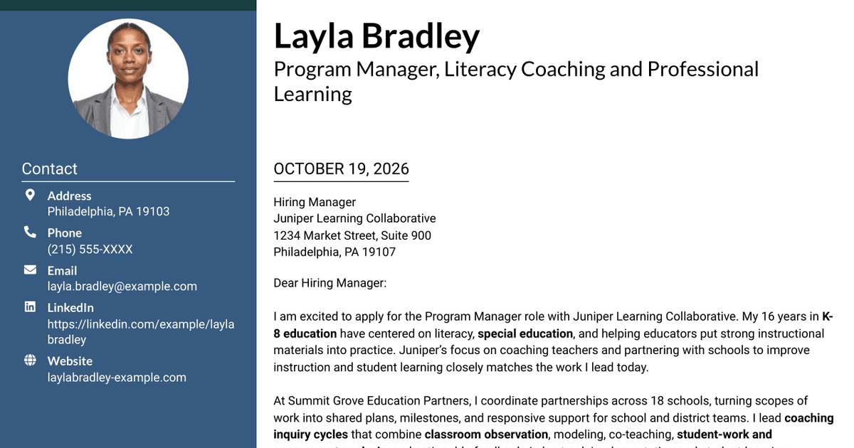 7 Program Manager - ELA and Special Education Coaching Cover Letter Templates with Example