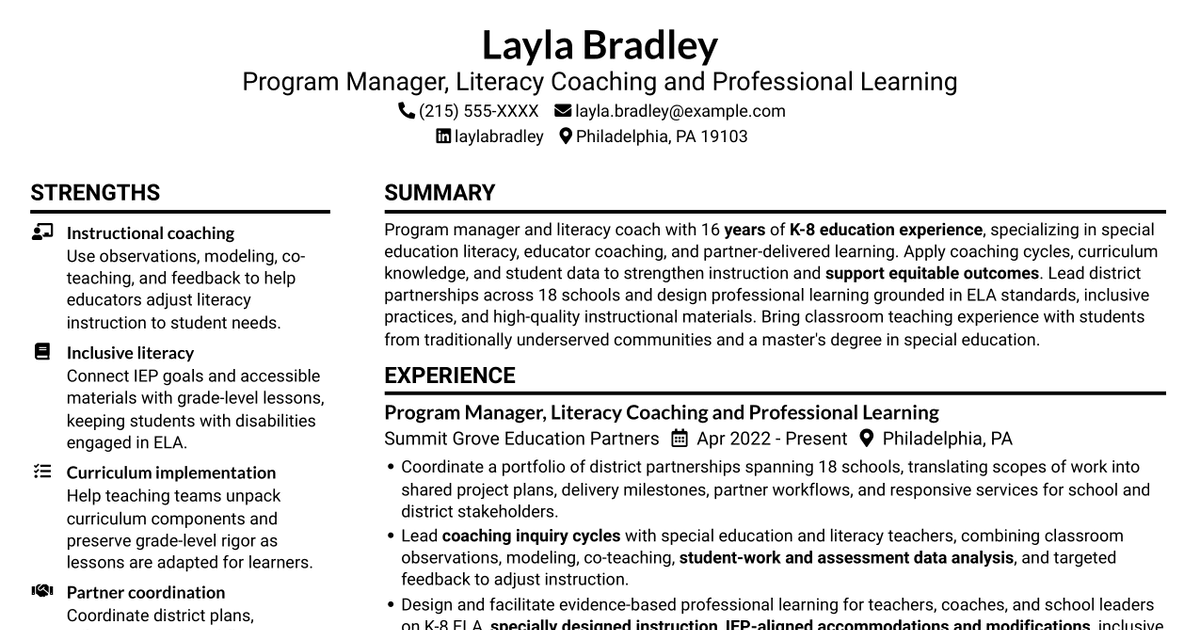 7 Program Manager - ELA and Special Education Coaching Resume Templates with Example