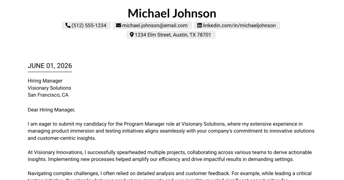 30+ Program Manager, Product Immersion & Testing Cover Letter Templates with Example 2026