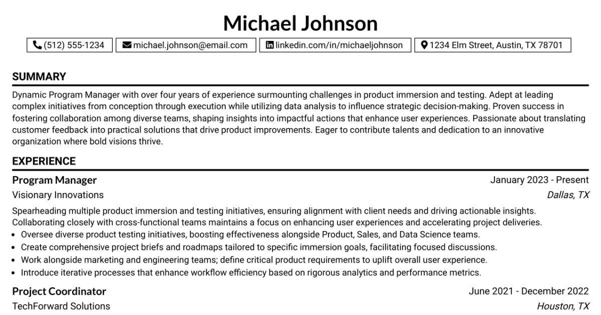 33 Program Manager, Product Immersion & Testing Resume Templates with Example 2026 (ATS-Optimized)