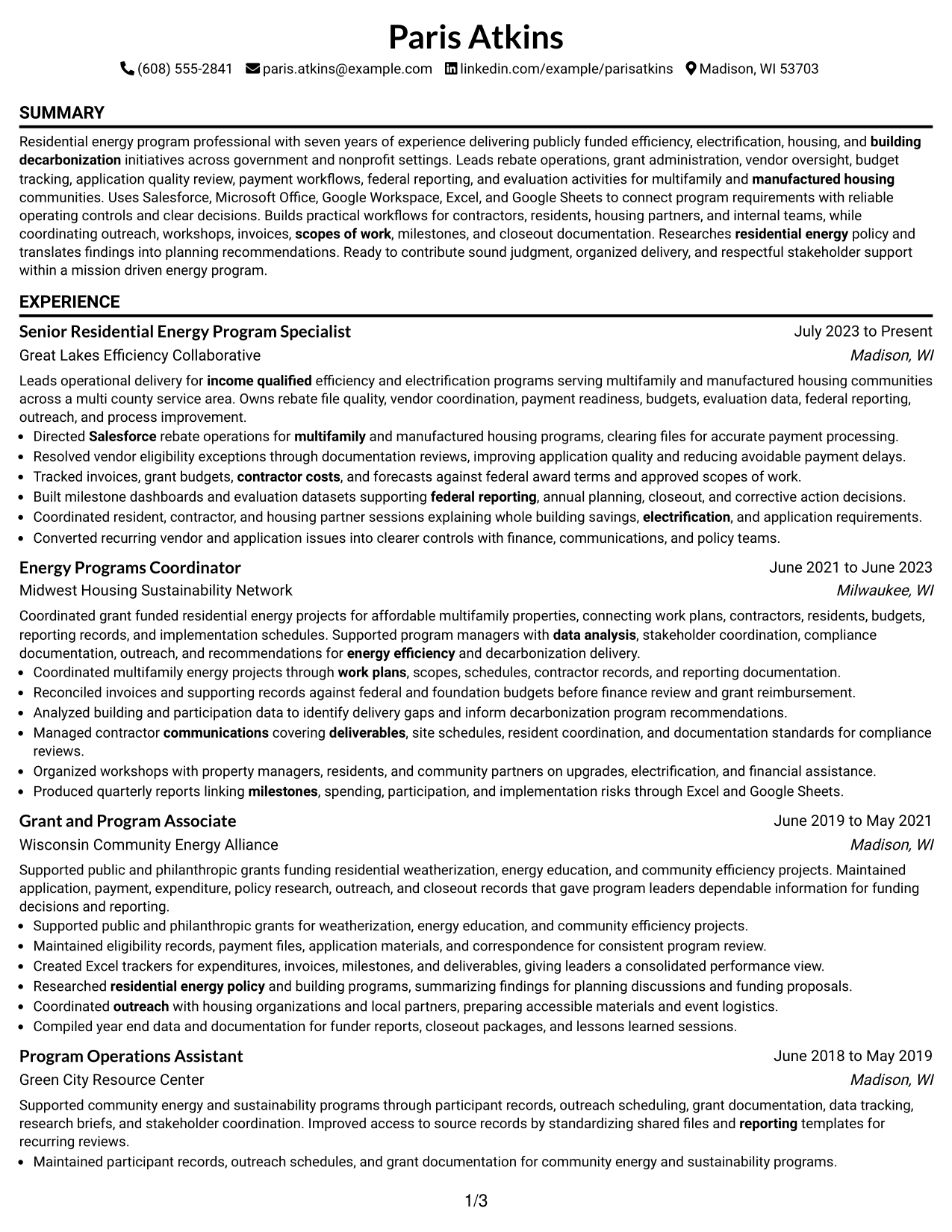 Resume Example Page 1