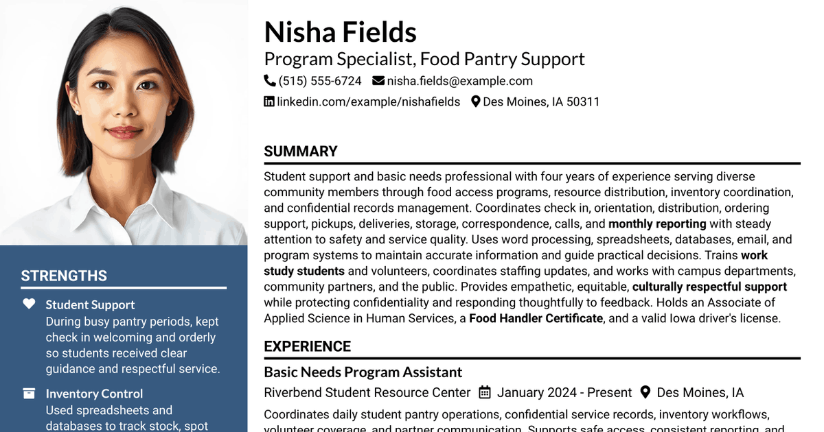 7 Program Specialist - Food Pantry Support Resume Templates with Example