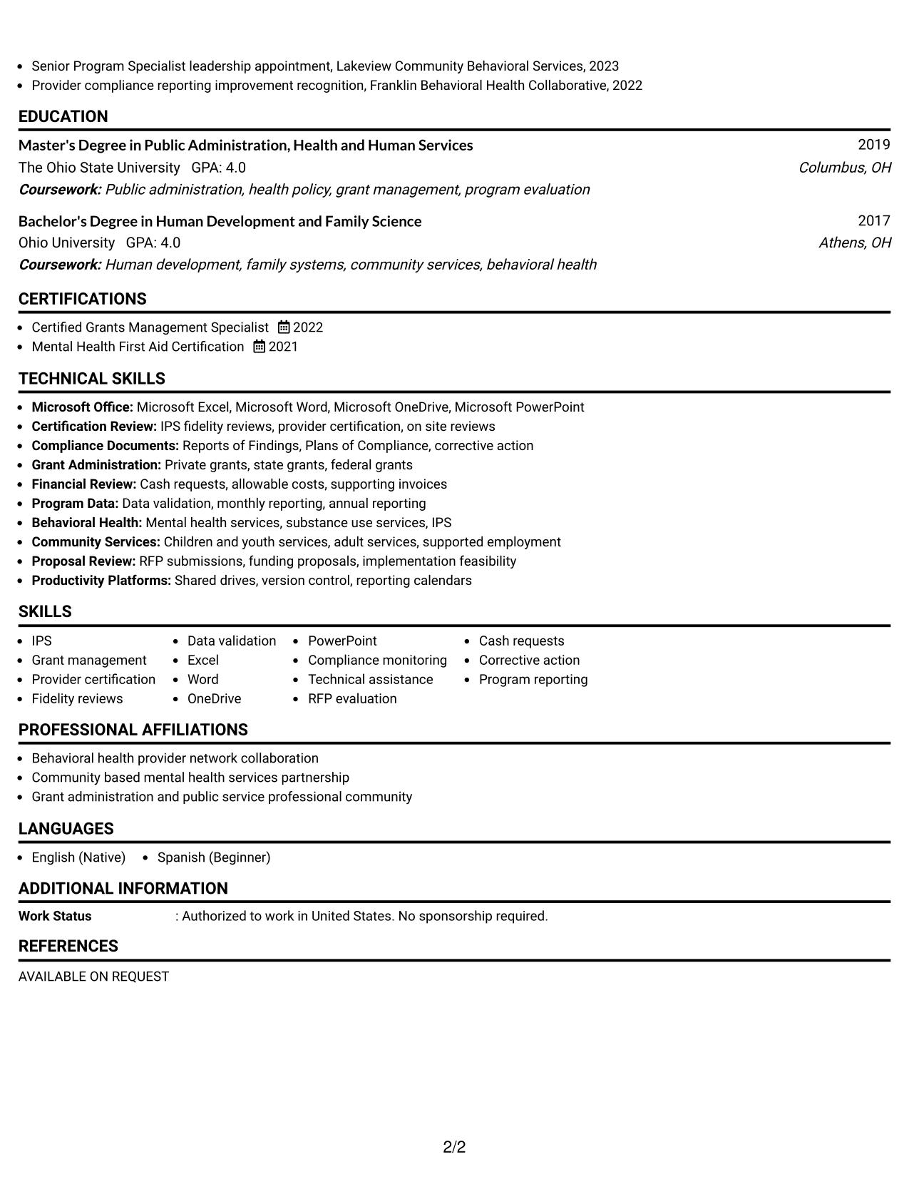 Resume Example Page 2