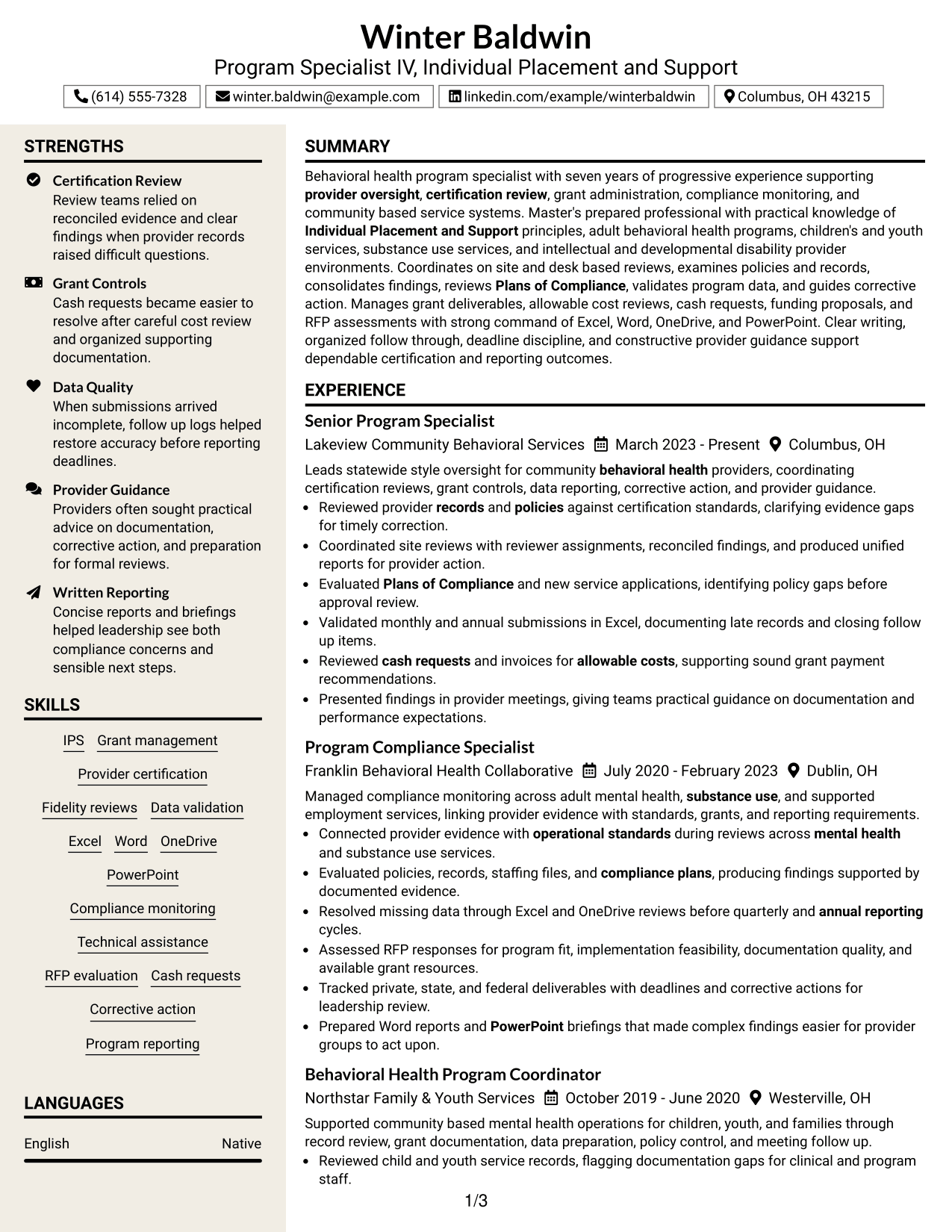 Resume Example Page 1