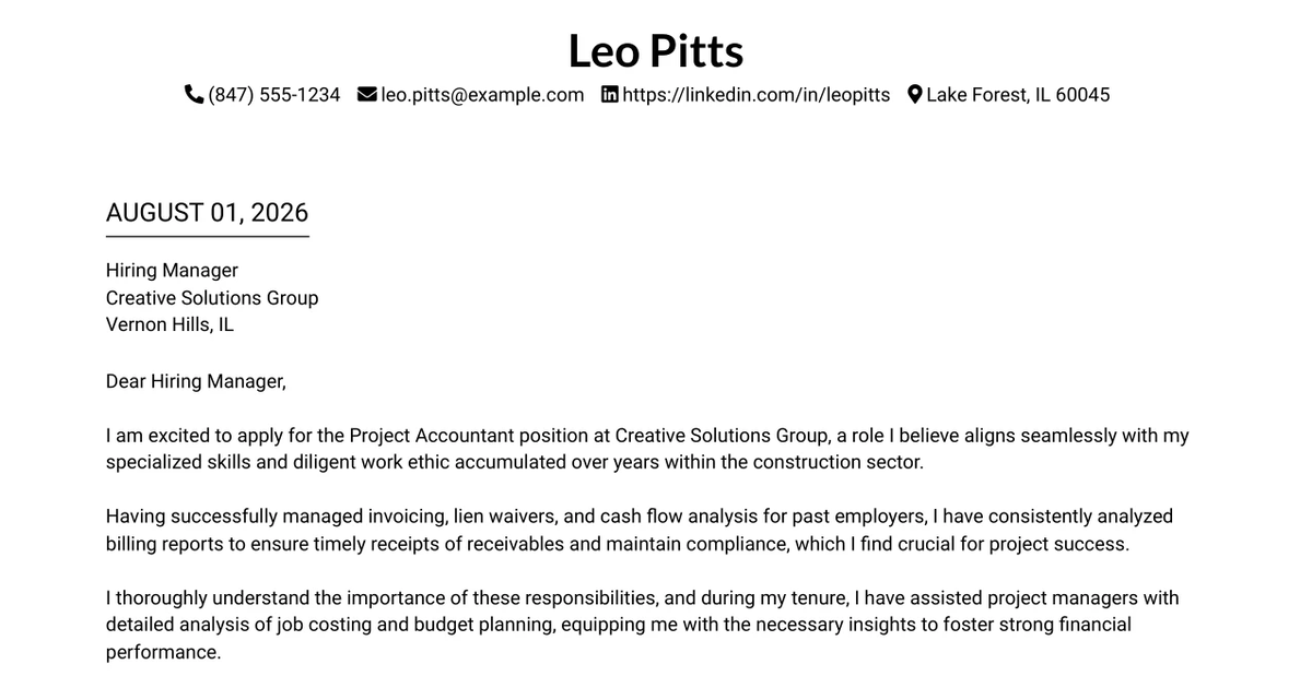 30+ Project Accountant Cover Letter Templates with Example 2026