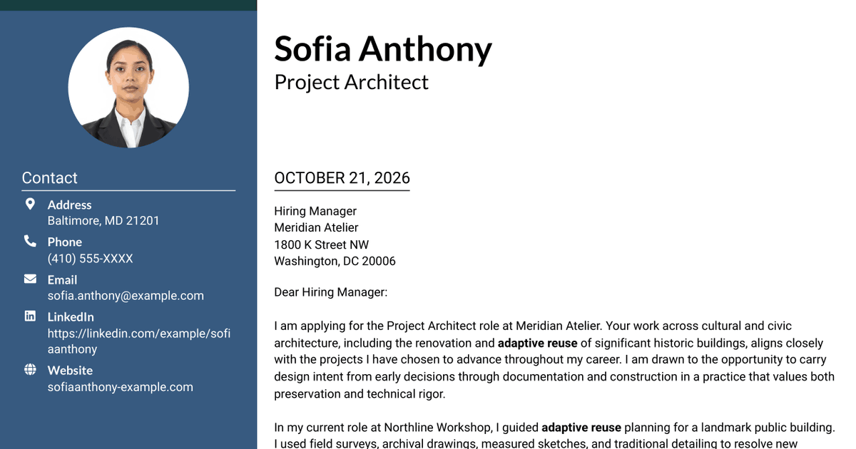7 Project Architect - Cultural Architecture & Historic Preservation Cover Letter Templates with Example
