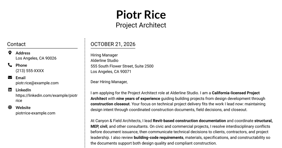 7 Project Architect - Technical Project Delivery Cover Letter Templates with Example