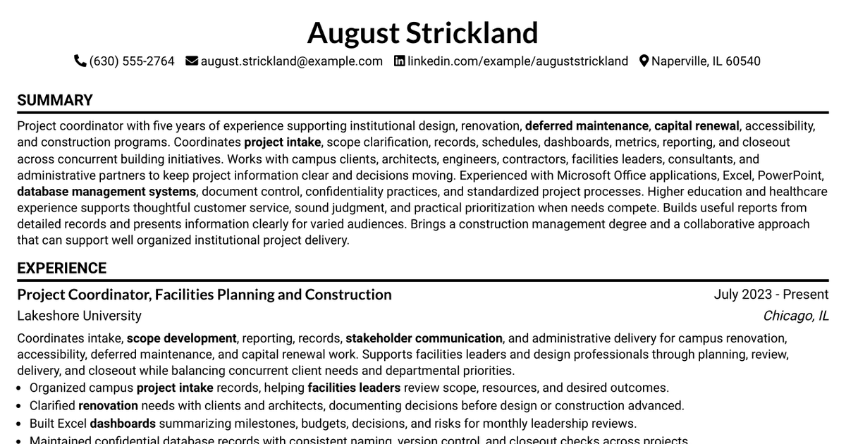 7 Project Coordinator - Design and Construction Resume Templates with Example