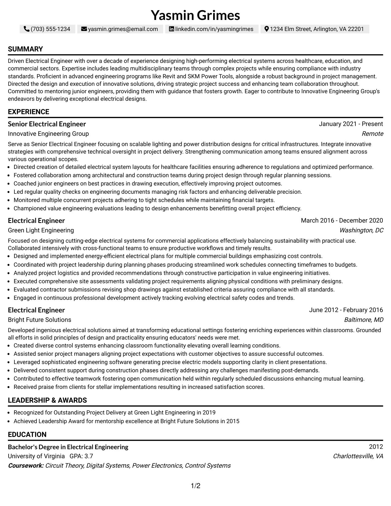 Resume Example Page 1