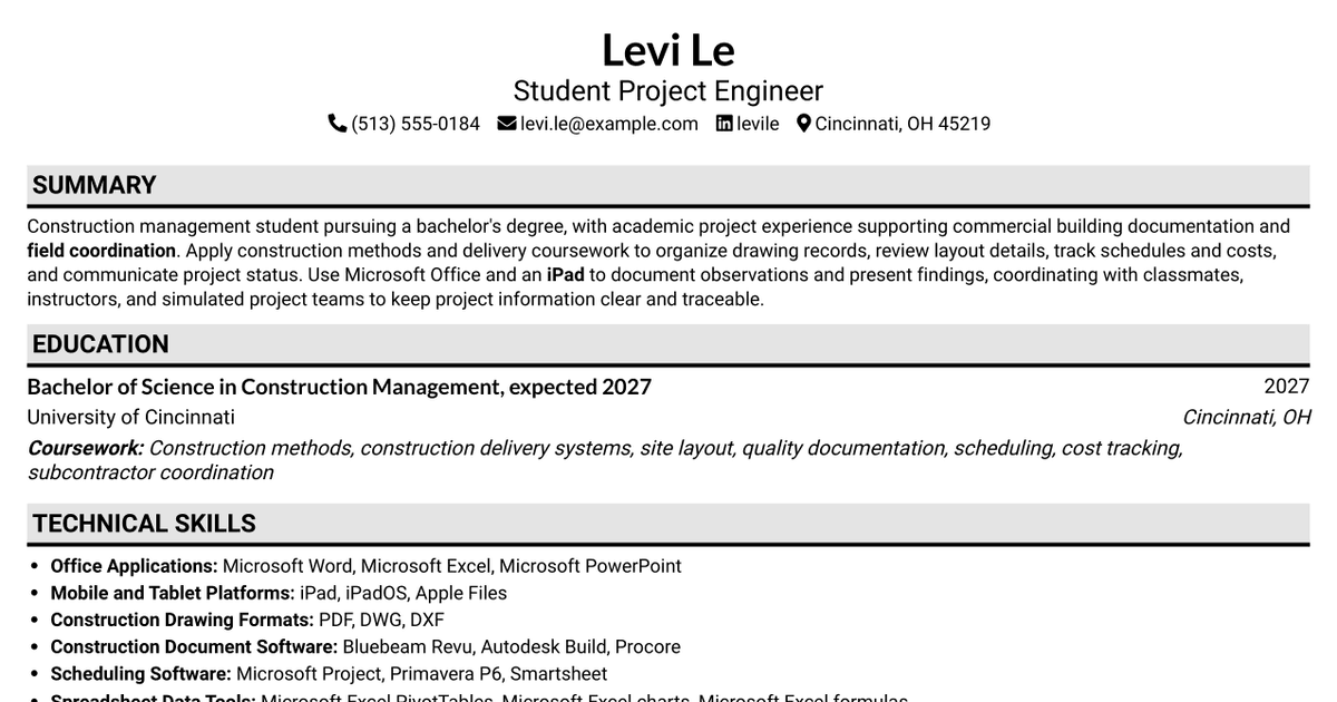 7 Project Engineer Construction Resume Templates with Example
