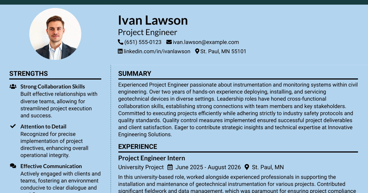 33 Project Engineer - Instrumentation and Monitoring Resume Templates with Example 2026 (ATS-Optimized)