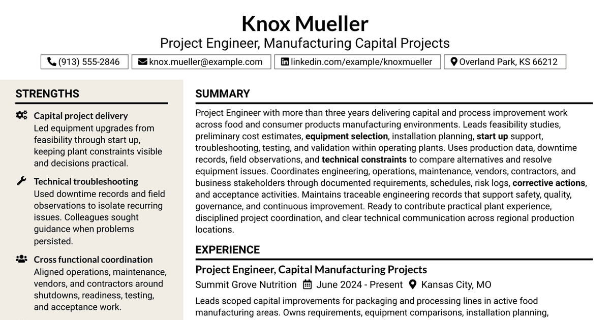 7 Project Engineer - Manufacturing Capital Projects Resume Templates with Example