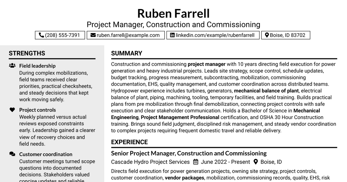 7 Project Manager - Construction & Commissioning Resume Templates with Example