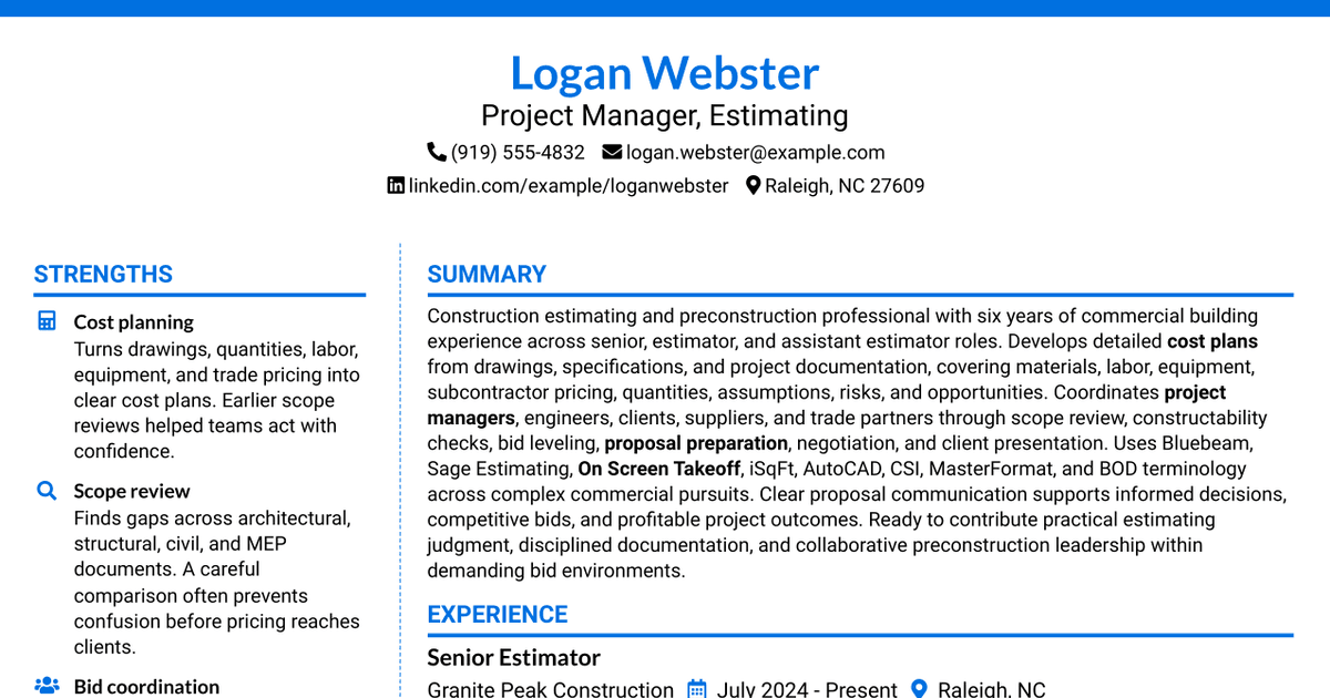 7 Project Manager, Estimating Resume Templates with Example