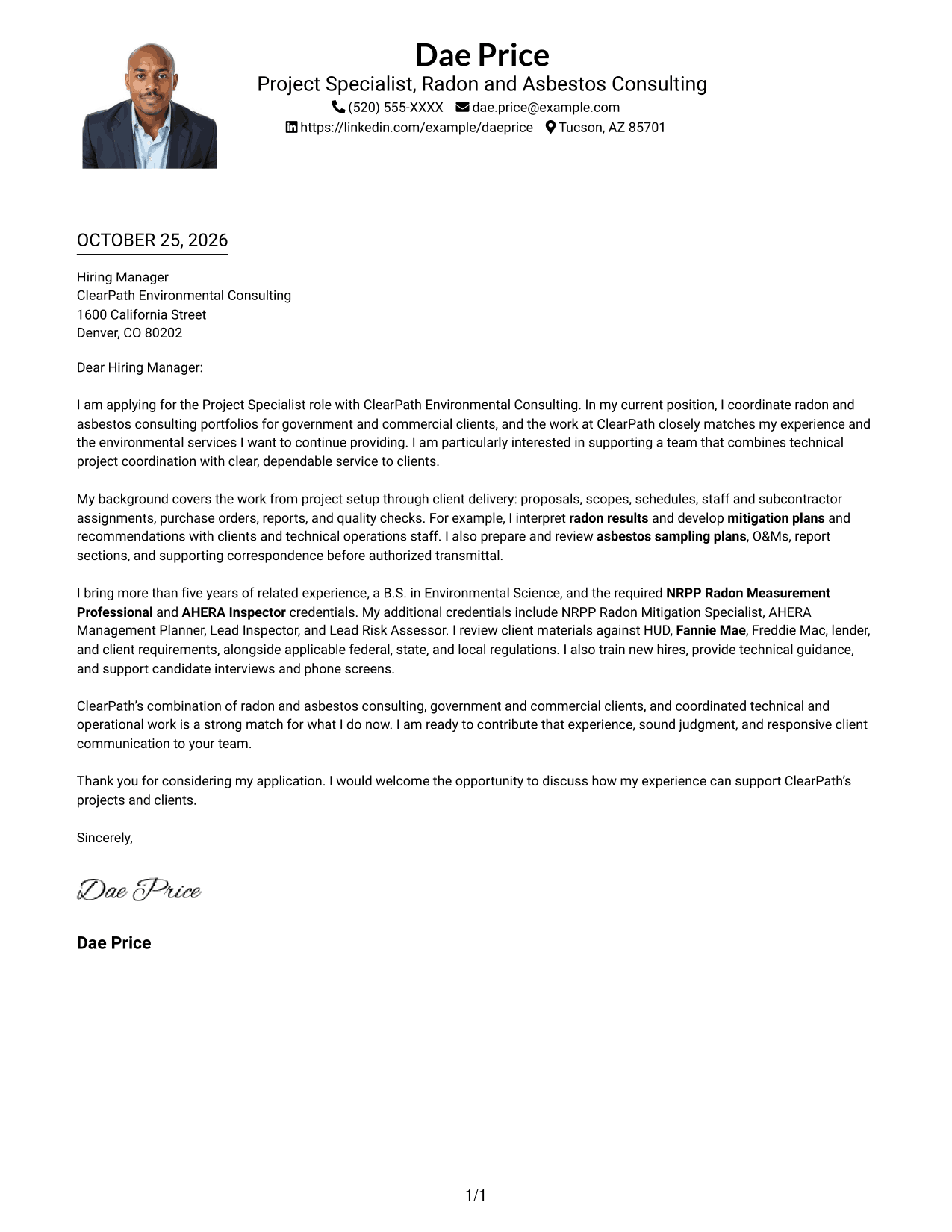 Cover letter example — page 1