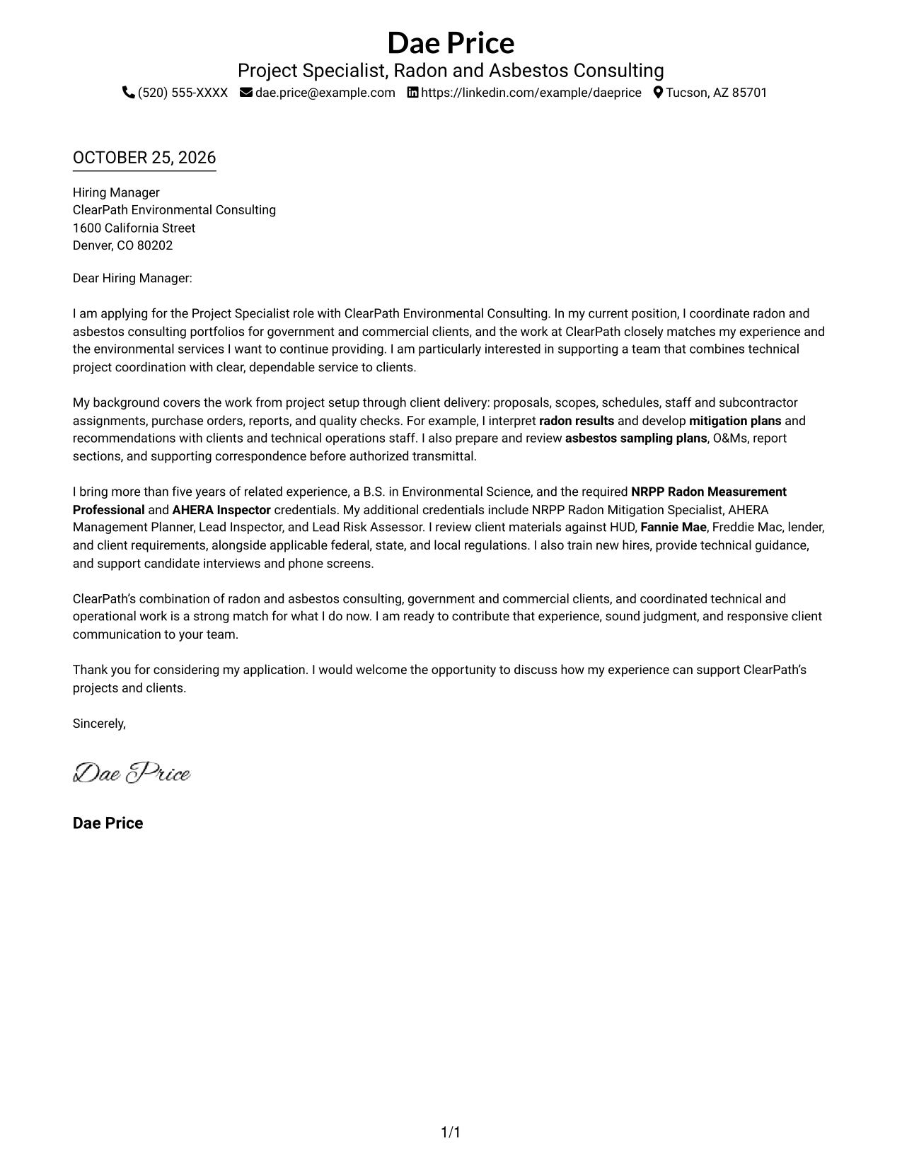 Cover letter example — page 1