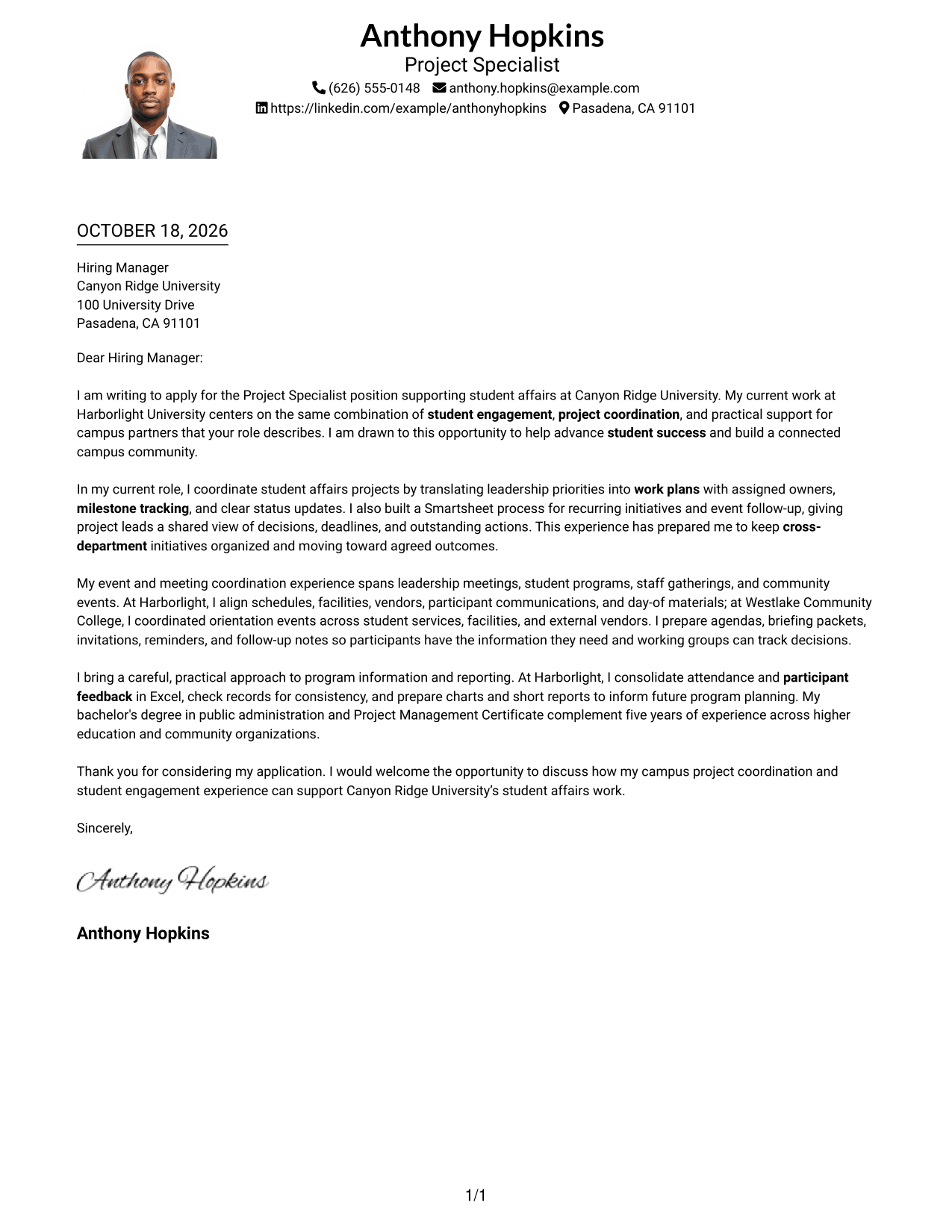 Cover letter example — page 1