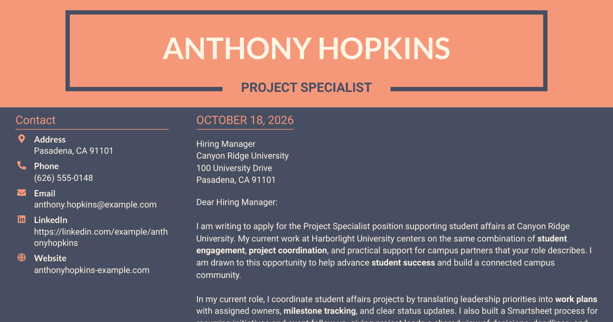 7 Project Specialist - Student Engagement Cover Letter Templates with Example