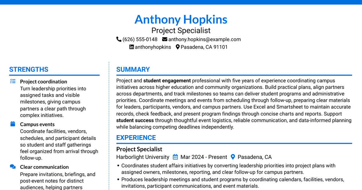 7 Project Specialist - Student Engagement Resume Templates with Example
