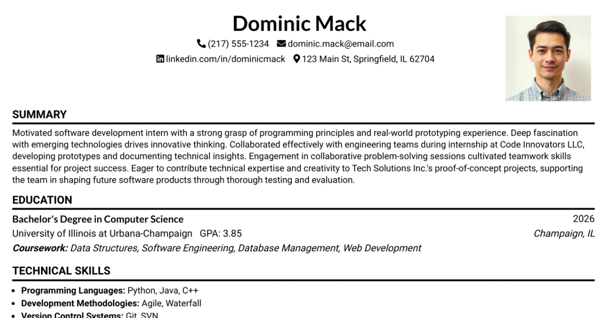 33 Proof of Concept Software Development Intern Resume Templates with Example 2026 (ATS-Optimized)