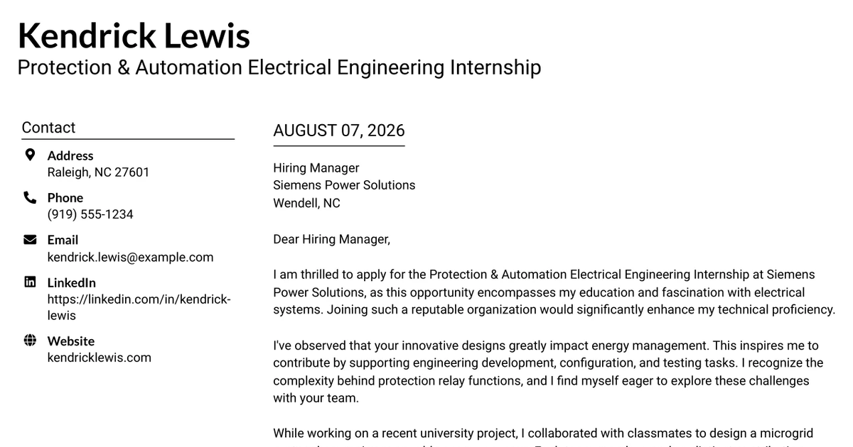 30+ Protection & Automation Electrical Engineering Internship Cover Letter Templates with Example 2026