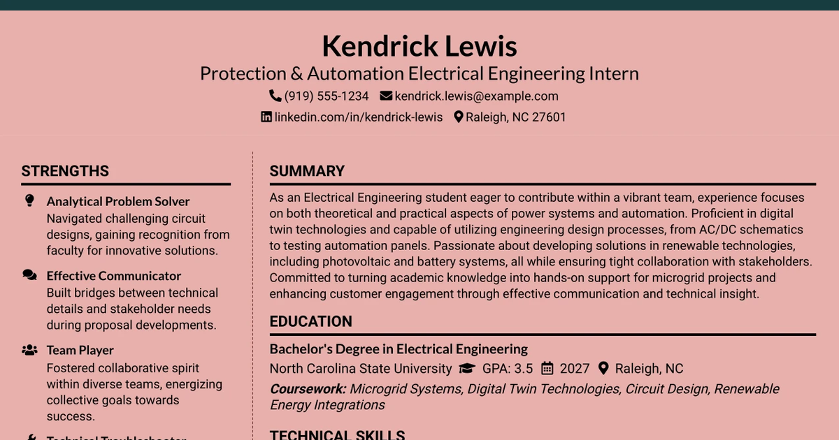 33 Protection & Automation Electrical Engineering Internship Resume Templates with Example 2026 (ATS-Optimized)