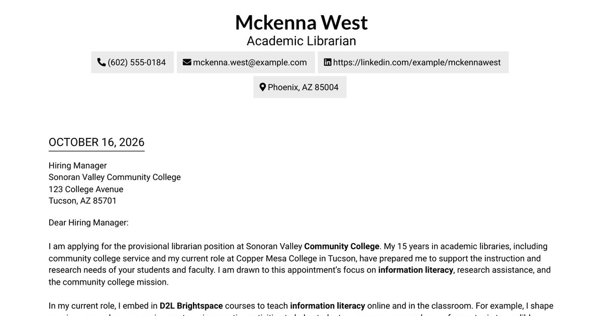 7 Provisional Librarian - Academic Instruction and Research Support Cover Letter Templates with Example