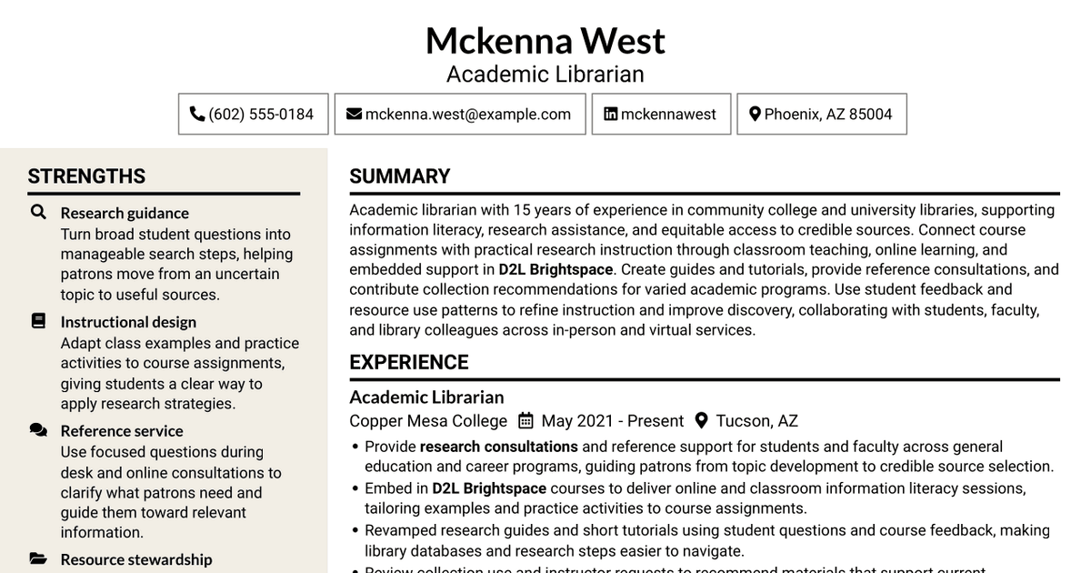 7 Provisional Librarian - Academic Instruction and Research Support Resume Templates with Example