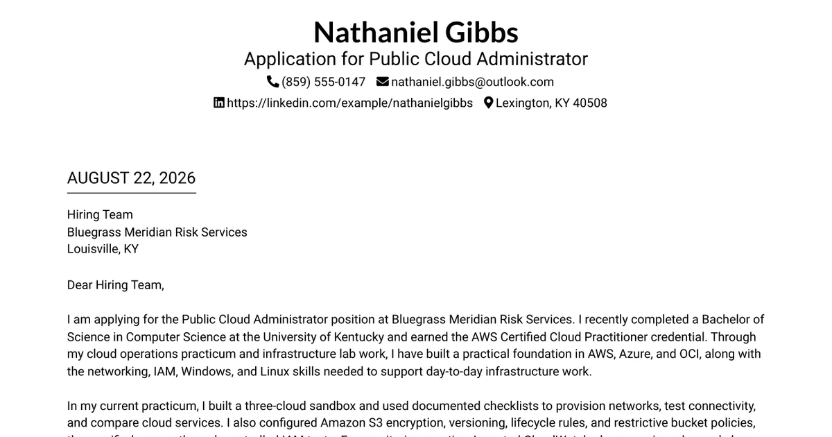 30+ Public Cloud Administrator (Entry Level) Cover Letter Templates with Example 2026