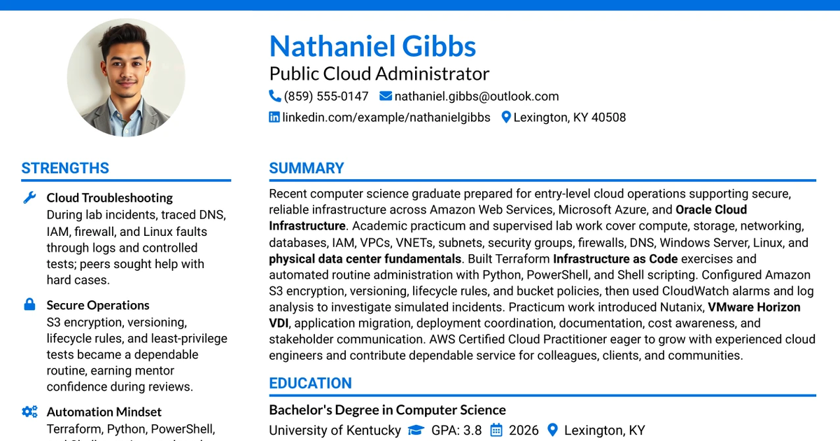 33 Public Cloud Administrator (Entry Level) Resume Templates with Example 2026 (ATS-Optimized)