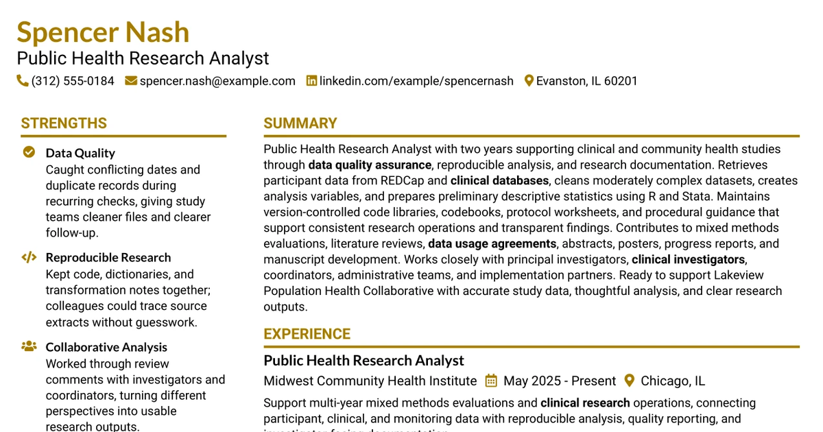 33 Public Health Research Analyst Resume Templates with Example 2026 (ATS-Optimized)
