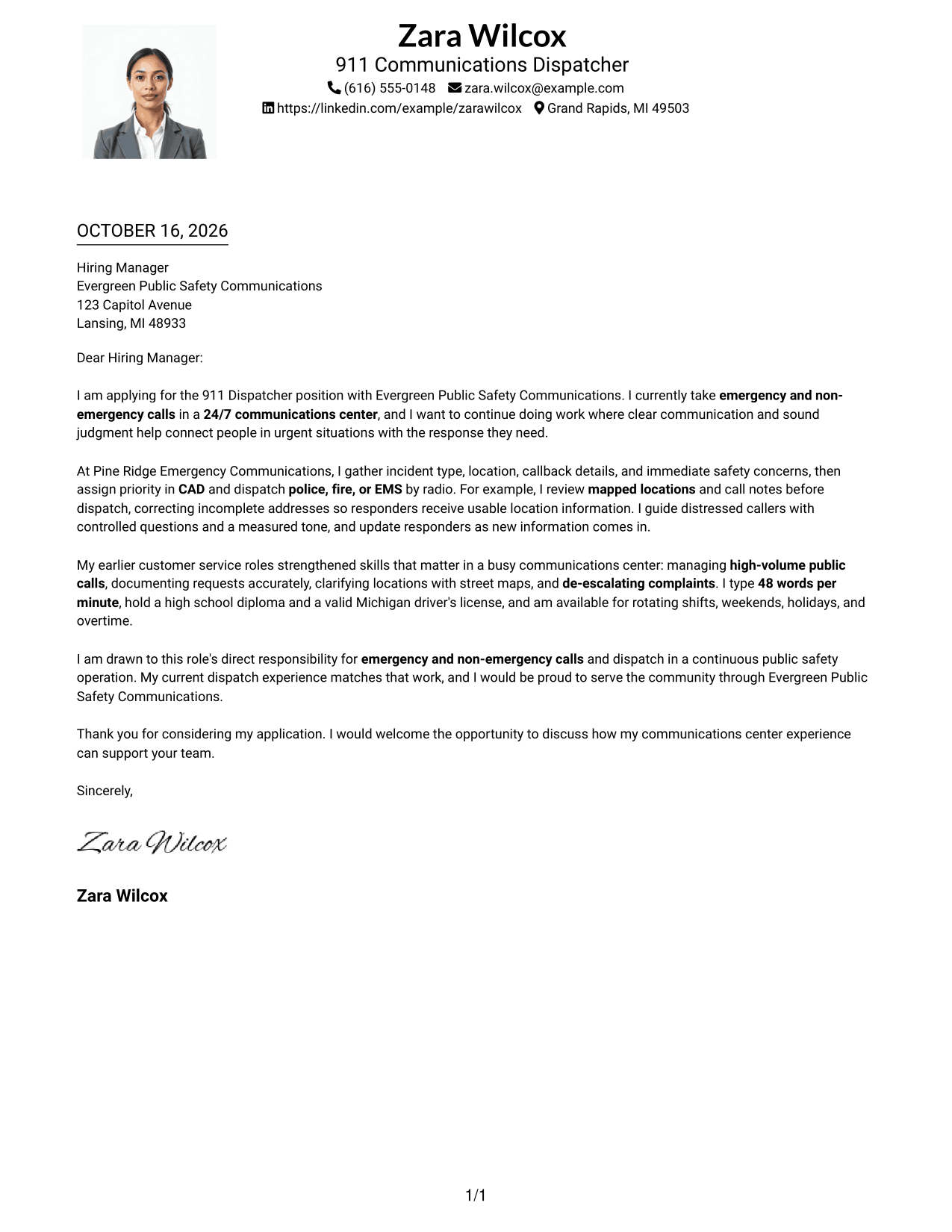 Cover letter example — page 1