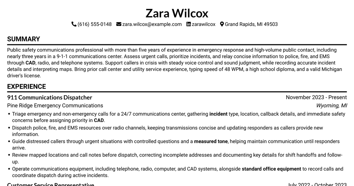 7 Public Safety Technician - 911 Dispatcher Resume Templates with Example