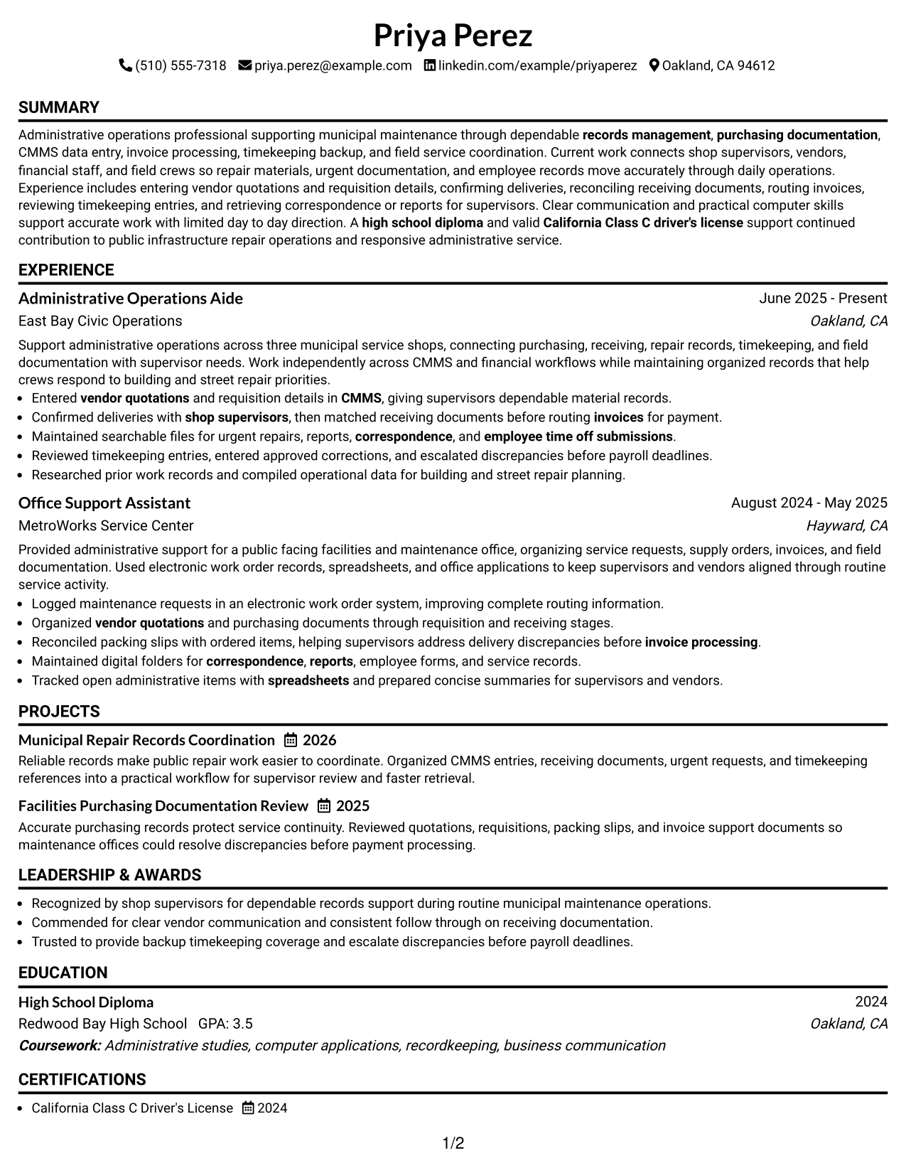 Resume Example Page 1