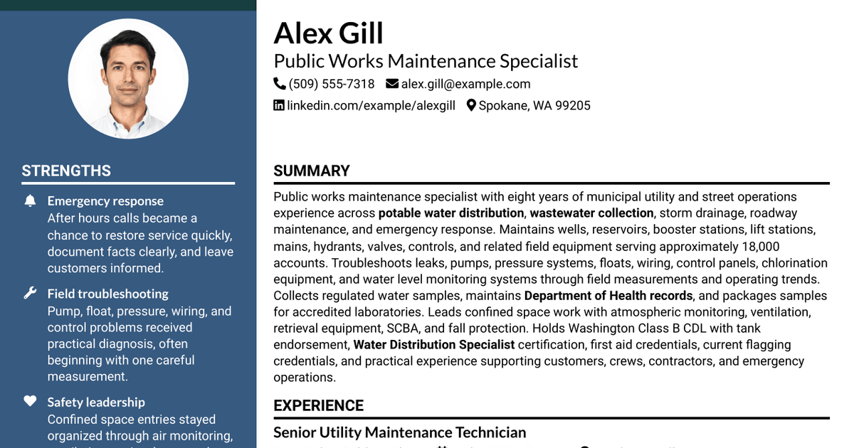 7 Public Works Maintenance Specialist Resume Templates with Example