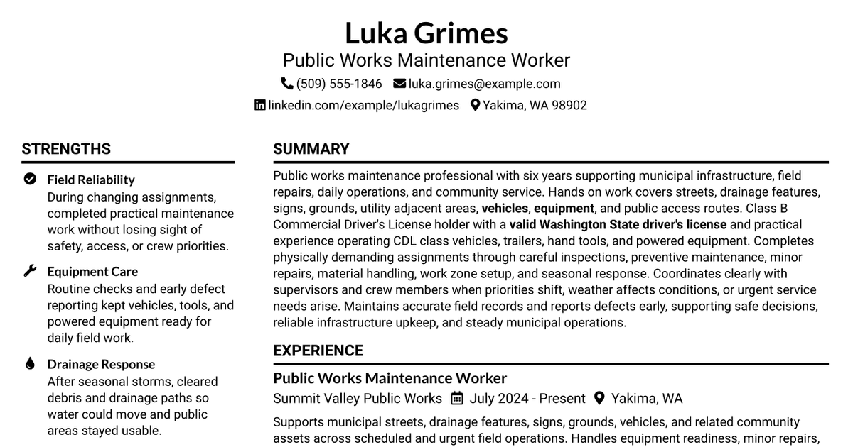 7 Public Works Maintenance Worker Resume Templates with Example