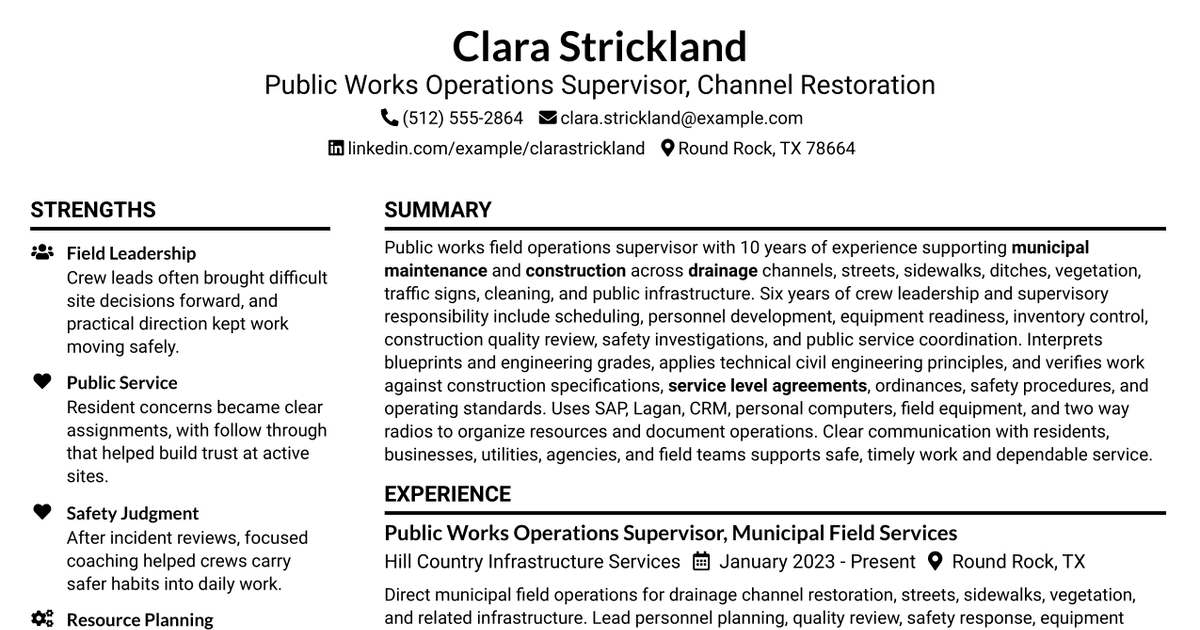 7 Public Works Operations Supervisor - Channel Restoration Resume Templates with Example